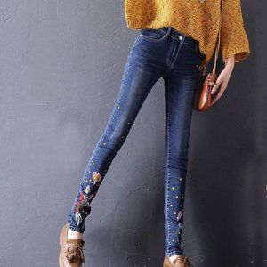 Flower Embroidered Jeans For Women Plus Size Skinn